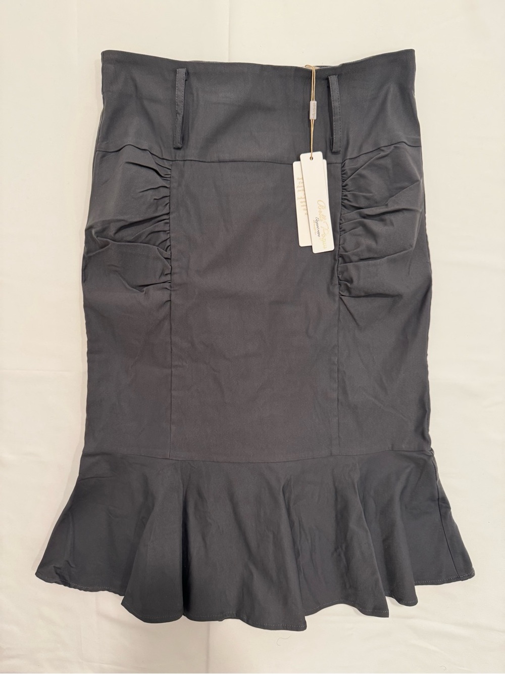 NWT Belle Poque L Black High Waist Ruched Pencil Skirt Ruffle Hem Elegant Midi
